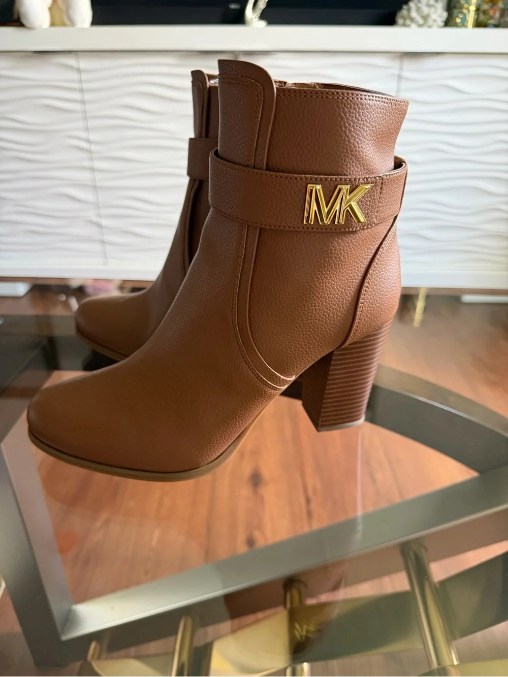 Michael Kors Chestnut Brown Leather Ankle Booties with Gold MK Logo